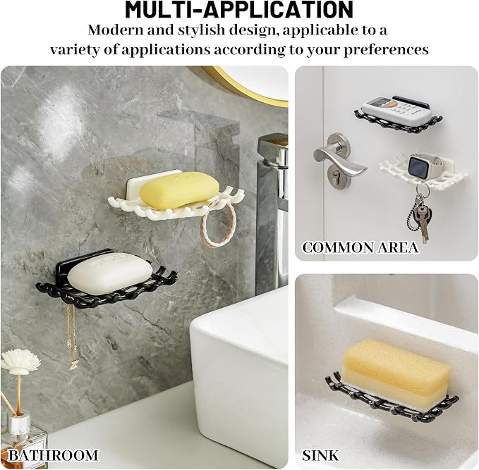 Shower Soap Holder for Wall, Adhesive Bar Soap Dish with Self Draining Grid, Side Hooks and No Drilling Mount, Black, 4 Pack