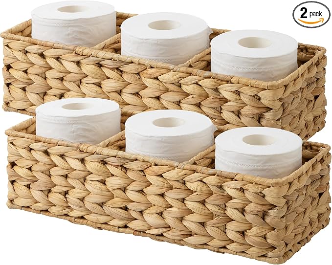 StorageWorks Toilet Paper Basket, Large Toilet Tank Basket, Water Hyacinth | Wicker Basket, Toilet Paper Storage for Back of Toilet Tank, Woven Baskets for Shelves, Wicker Baskets with 3 Compartments