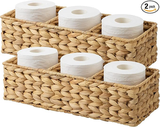 StorageWorks Toilet Paper Basket, Large Toilet Tank Basket, Water Hyacinth | Wicker Basket, Toilet Paper Storage for Back of Toilet Tank, Woven Baskets for Shelves, Wicker Baskets with 3 Compartments