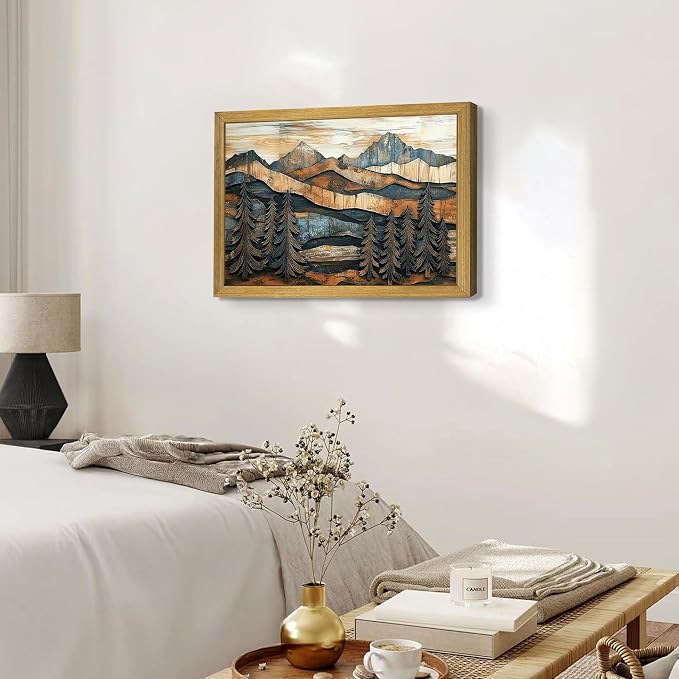 Vintage Boho Mountain Wall Art, Framed Landscape Canvas Wall Art, Nature Forest Wall Decor, Rustic Farmhouse Print Poster Painting for Living Room Bedroom Dining Room 16x24 Inch