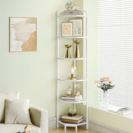 Hzuaneri Corner Shelf Stand, 6-Tier Glass Bookshelf Bookcase, Plant Stand | Bathroom Organizer Steel Frame, Tempered Glass, Modern Style for Living Room, Bathroom, Kitchen, White CS90613W