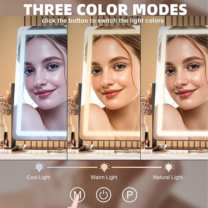 Hasipu Vanity Mirror with Lights, 24.2" x 20" LED Make up Mirror, Light up Mirror with 10X Magnification, Smart Touch 3 Colors Dimmable, Brightness Adjustment, 360° Rotation (Black)