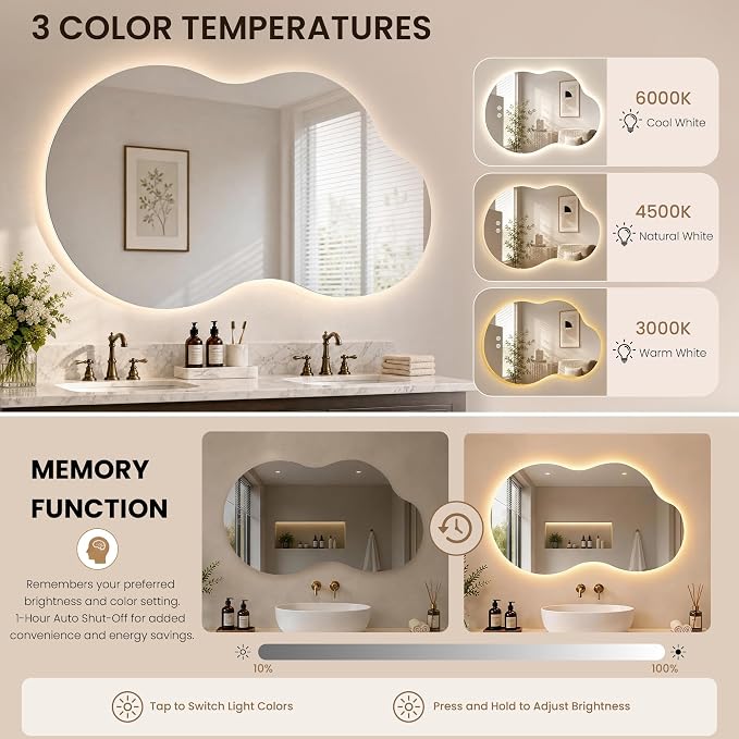 24" x 40" Irregular Backlit Bathroom Mirror, Anti-Fog | Tempered Glass, Cloud Shape, 3 Color Lighting, Stepless Dimming, Memory Function, HD Reflection, Wall Mounted