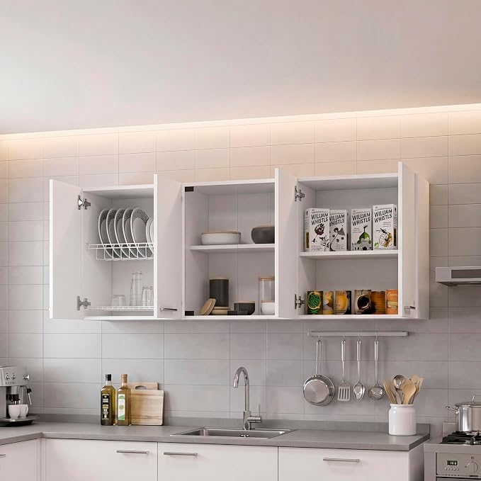 FM FURNITURE Yuma 59" Wall Cabinet, with Two Close cabinets and Two Open Shelves - White. for Kitchen Room