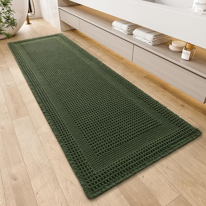 AMOAMI Waffle Bath-Mat, Absorbent Bath Mats for Bathroom Non Slip, Machine Washable Bathroom Rugs with Tassels Ultra Soft Boho Bath Rugs for Floor 2'x6'(24"x72") Dark Green
