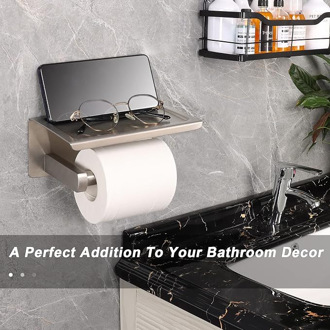 NearMoon Toilet Paper Holder with Shelf, Heavy Duty Bath Toilet Roll Holder with Phone Shelf Tissue Hanger for Bathroom/Kitchen No Drill or Wall Mounted(304 Stainless Steel, Brushed Nickel)