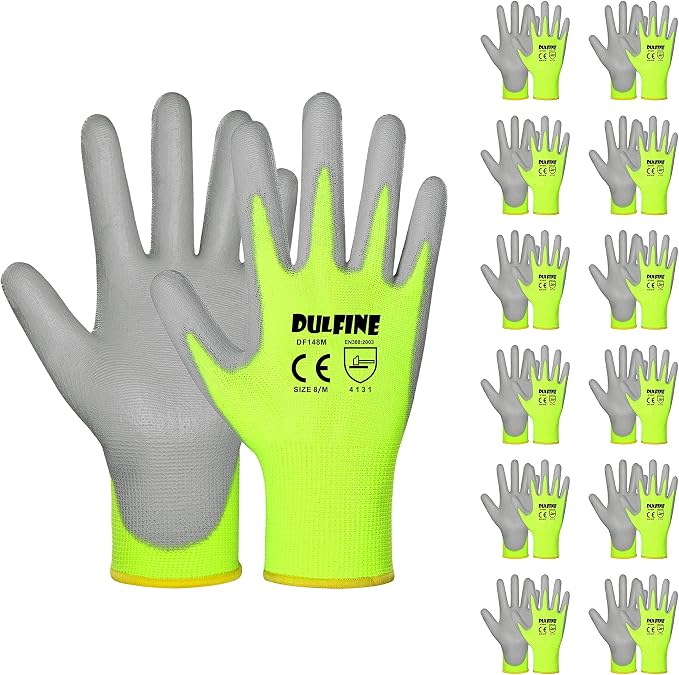 DULFINE Safety Work Gloves for Men & Women, PU Coated Seamless Knit Grip | Smooth Grip on Palm & Fingers, Ideal for Light General Duty Work, Gardening, Landscaping, Construction, Mechanic, Warehouse