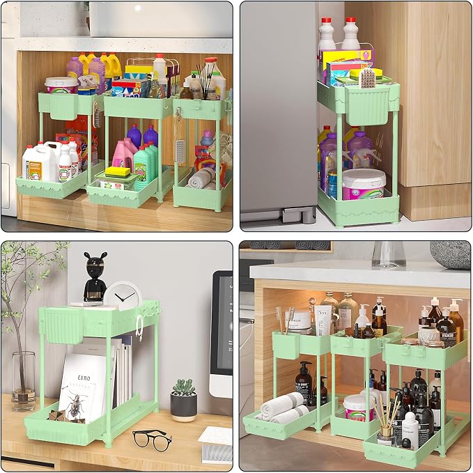 3-Pack 2-Tier Under Sink Organizers with Sliding Drawers | Multi-use kitchen & bathroom storage, 12.8 inch green cabinet organizer, space-saving sliding drawer design.