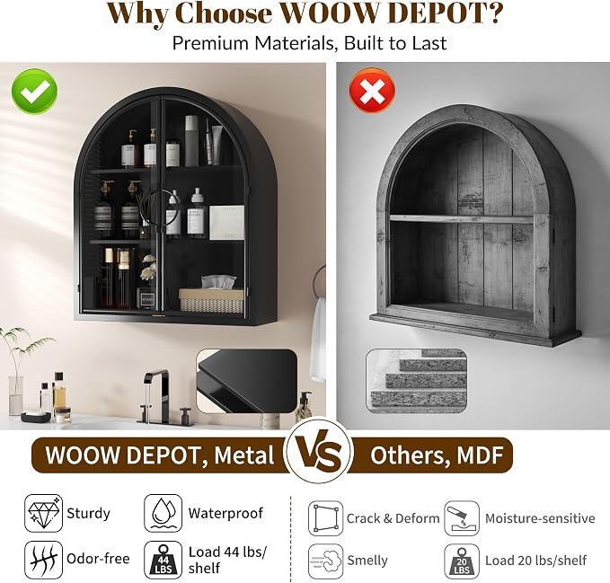Arched Wall Cabinet with Clear Glass Door, NO Assembly | Full Metal Frame, 10MM Shelves, Handcrafted Arched Design, 40-lb per Tier, 5MM Tempered Glass, for Bathroom Wall Medicine