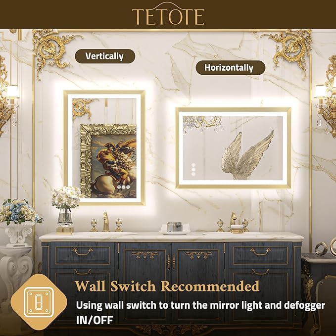84x36 LED Bathroom Mirror with Lights Gold Frame Frontlit & Backlit Lighted Vanity Mirror Baroque Anti Fog Dimmable White/Warm/Natural,CRI90+,Waterproof,Wall Mounted(Horizontal/Vertical)
