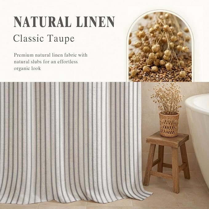 Farmhouse Striped Shower Curtain Grey Vintage Linen Curtain 72"W X 72"L | Striped Shower Curtains with Linen Texture for Bathroom Decor