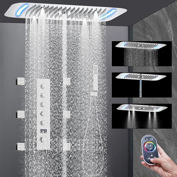 AYIVG Chrome 16 x 26 Inch Ceiling Mount Thermostatic Rainfall Shower System 64 Color LED Control Rainfall Shower Head Handheld With Body Jet Shower Faucet Set Temperature Display Shower System