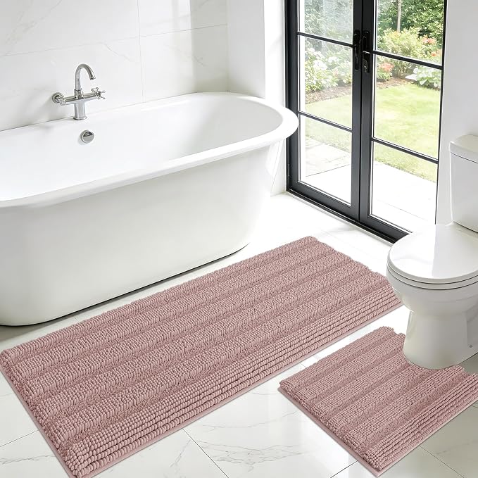Striped Dusty Pink Toilet Bathroom Rug Mat Set 2 piece Rug Ultra Soft, Non Slip Chenille Bath Rugs, Absorbent Plush Shaggy Bath Mats for Bathroom, Bedroom, Kitchen, Shower, Tub