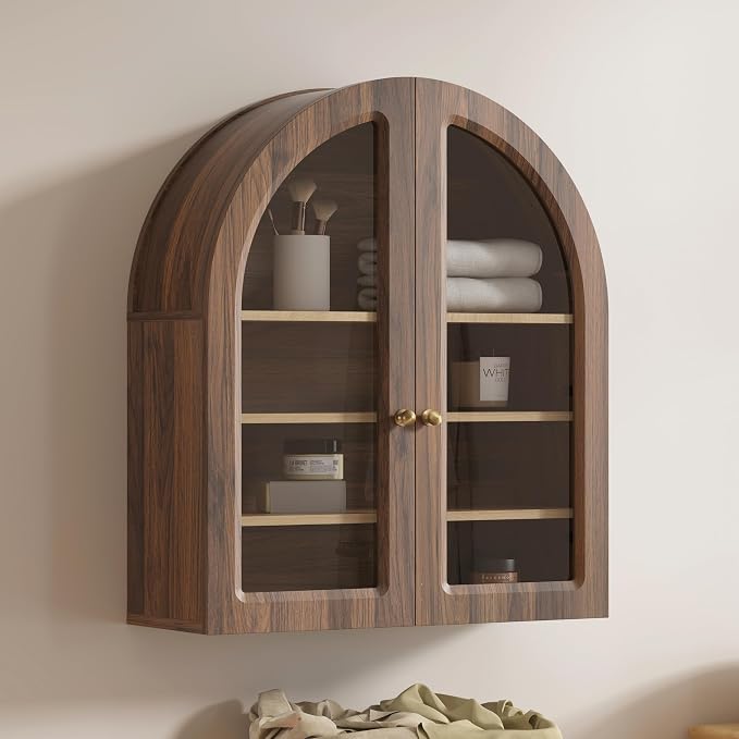 Fluted Arched Wall Cabinet, Large Wood Bathroom Medicine Cabinet Wall Mounted Cupboard, Modern Floating Storage Cabinet with Acrylic Door Adjustable Shelf, Organizer, Brown-Oak