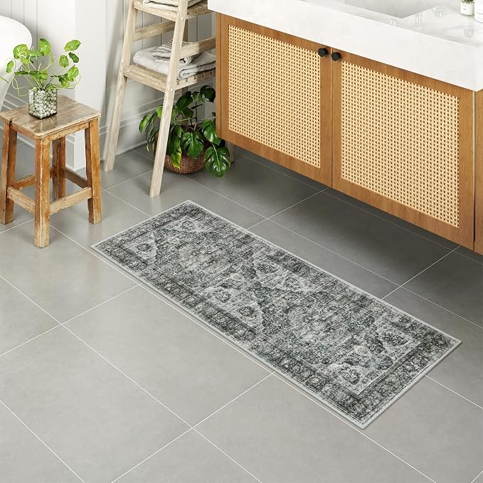 Uphome Brown Bathroom Rugs, Distressed Farmhouse Boho Bath Mat, Non Slip Washable Soft Velvet Bath Mats for Bathroom Floor, Vintage Traditonal Bath Runner for Bathtub Sink Shower, 18x47 inch