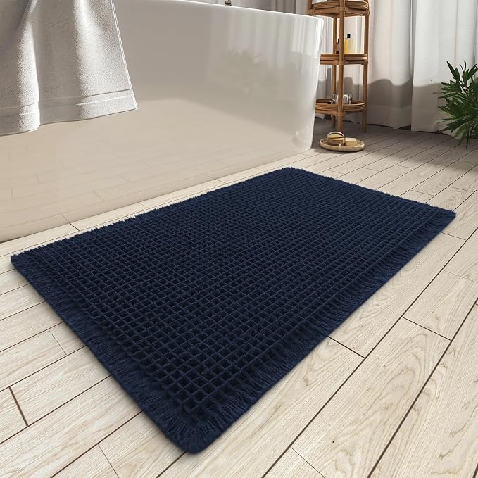 AMOAMI Upgraded Waffle Bath Mat, Super Absorbent Non Slip Bath Mats for Bathroom Floor, Machine Washable Bathroom Rugs with Tassels, Rubber Backed Bathroom Mats, Ultra Soft,17" x 24", Navy Blue