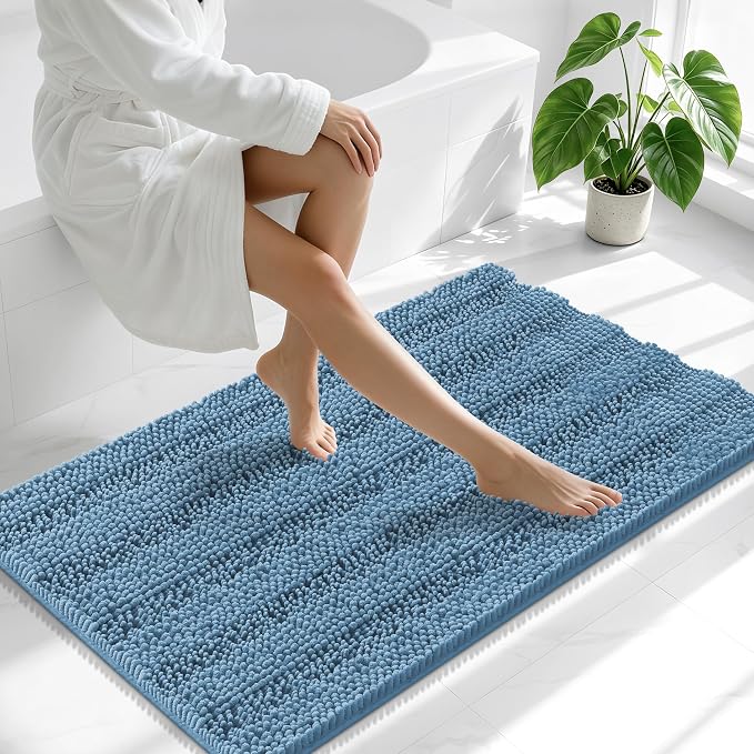 Smiry Thick Chenille Large Bathroom Runner Rugs 45x27, Bath Mat, Airy Blue | Quick‑Dry & Machine Washable, Non‑Slip Bath Carpet, Soft Striped Bath Rugs for Tub & Shower, Modern Home Decor Accessories