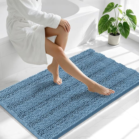 Smiry Thick Chenille Large Bathroom Runner Rugs 45x27, Bath Mat, Airy Blue | Quick‑Dry & Machine Washable, Non‑Slip Bath Carpet, Soft Striped Bath Rugs for Tub & Shower, Modern Home Decor Accessories