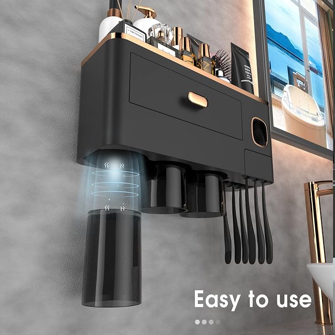 iHave Toothbrush Holders Bathrooms Wall Mount Toothpaste Dispenser & 3 Cups | Luxury White & Gold Bathroom Decor:3 Cups, 6 Slots, Toothpaste Dispenser, Large Tray & Drawer Wall Mount Toothbrush Organizer