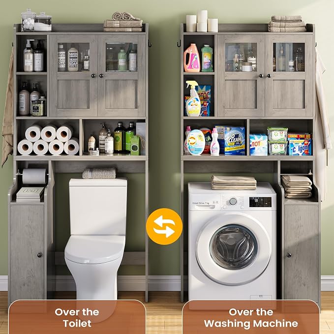Itaar Over The Toilet Storage Cabinet, Over Toilet Bathroom Organizer with Glass Doors & Toilet Paper Holder Stand, Home Space-Saving Toilet Rack, for Bathroom, Restroom, Laundry, Grey