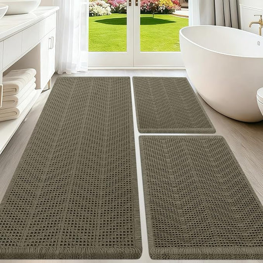 Upgraded Waffle Bath Mat Set 3 Piece Greyish Green-Herringbone, Super Absorbent Non-Slip Quick Dry Bathroom Rugs with Tassels, Machine Washable Ultra Soft Boho Bath Rugs,Bath Mats Boho Farmhouse Decor