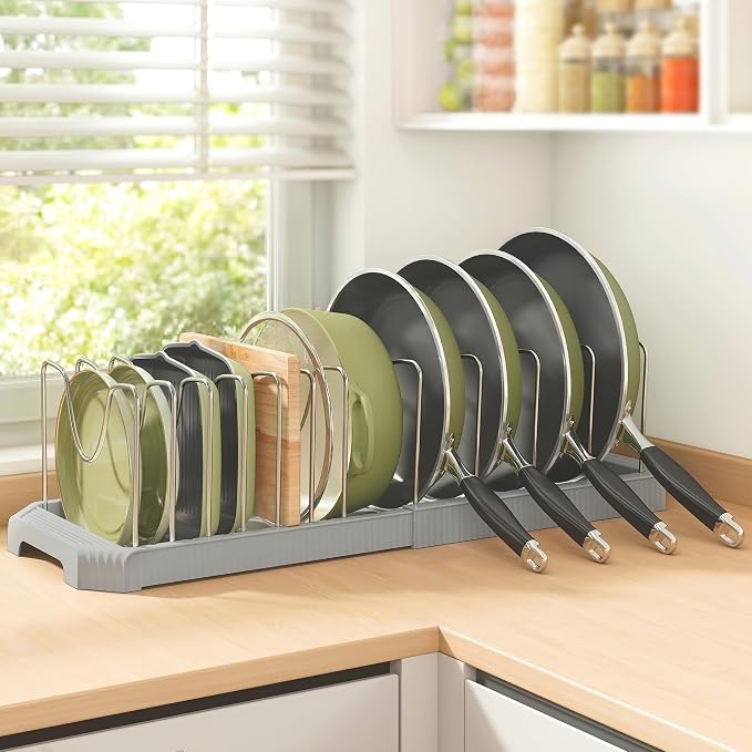 Expandable Pan Organizers Inside Cabinet with 12 Dividers Grey | Extends 12.9-21.9", Holds cookie sheets, cutting boards, pot lids and pans, iron dividers, plastic base, under cabinet rack