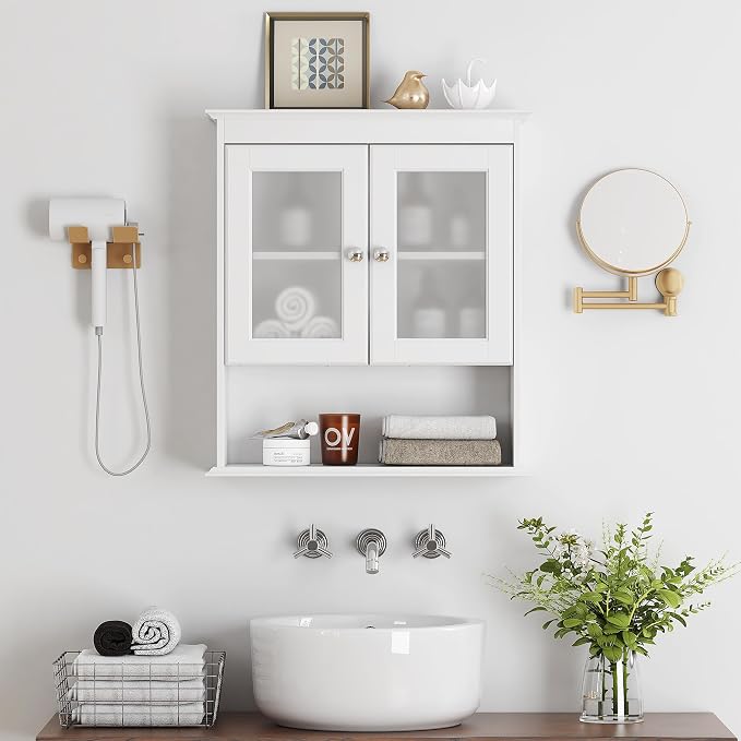Spirich Bathroom Wall Cabinet with Glass Doors, White Medicine Cabinet | FSC-Certified MDF, Adjustable Shelf, Open Bottom Shelf, Wall Mount Storage for Bath, Kitchen, Laundry Room or Entryway