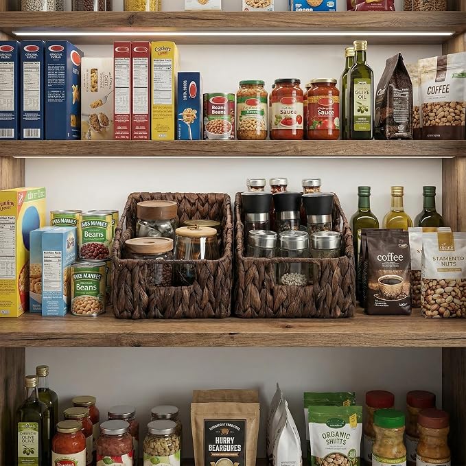 StorageWorks Pantry Baskets for Organizing, Handwoven Brown Baskets, 2-Pack | Water Hyacinth Pantry Baskets for Organizing, Wicker Baskets with Handles, Handwoven Wicker Storage Baskets for Shelves