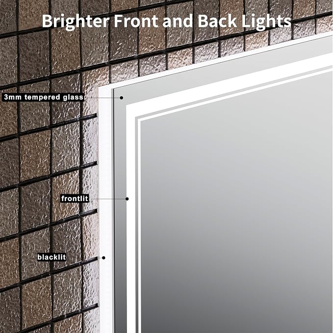 48''x36'' Lighted Mirrors for Bathroom Wall Backlit + Front Lit, Rectangular LED Bathroom Mirror Frameless with Lights Anti Fog, Dimmable, 3 Colors,Tempered Glass, Shatter-Proof (Color 1