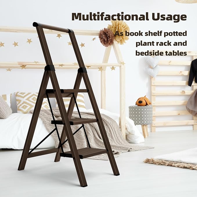 HillhutApex Aluminum 3 Step Ladder, Step Stool Foldable Ladder(Walnut) | Stepladder with Handgrip,Anti-Slip Pedals,330lbs Capacity,Lightweight Folding Ladder for Home,Office,Libaray