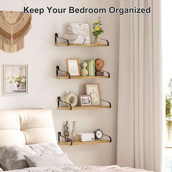 Love-KANKEI 15.7"Floating Wall Shelves Set of 4,Solid Wood,Carbonized Black | 3 Installation Methods,Easy to Install,44 Lbs/shelf,For Bedroom,Bathroom,Kitchen,Living Room,Office Nursery Display,Decor