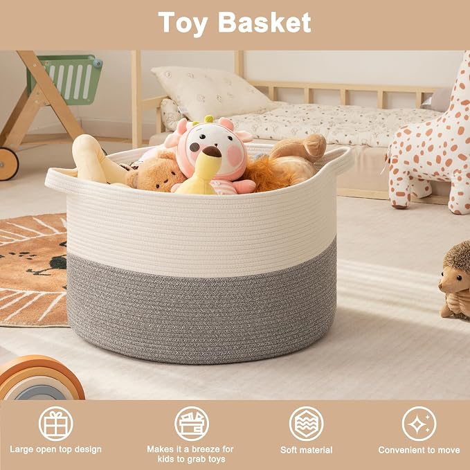 OIAHOMY Large Blanket Basket for Living Room, 19.7" x 12.6" Woven Cotton Rope Laundry Basket for Organizing Pillows, Decorative Stuffed Animal Toy Storage for Nursery, White and Light Grey
