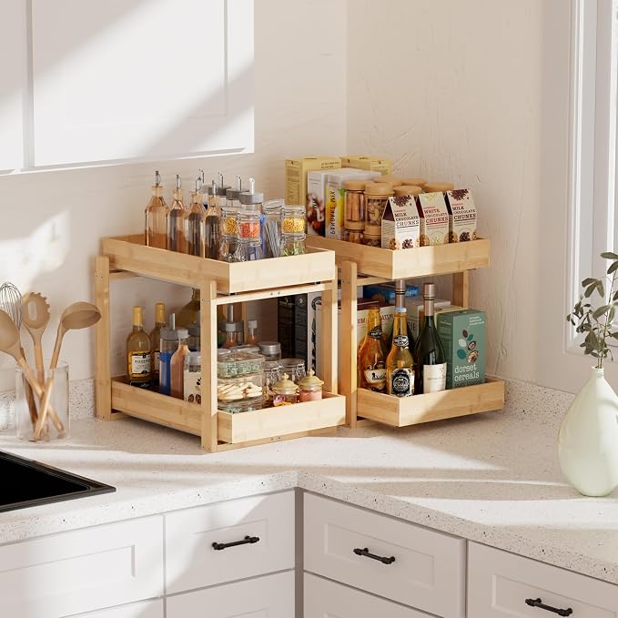 APRTAT 2 Pack Bamboo Under Sink Organizer, 2-Tier Pull Out Storage Drawers | Smooth pull-out drawers keep cleaners and tall bottles visible, organized and easy to reach in kitchen or bathroom cabinets
