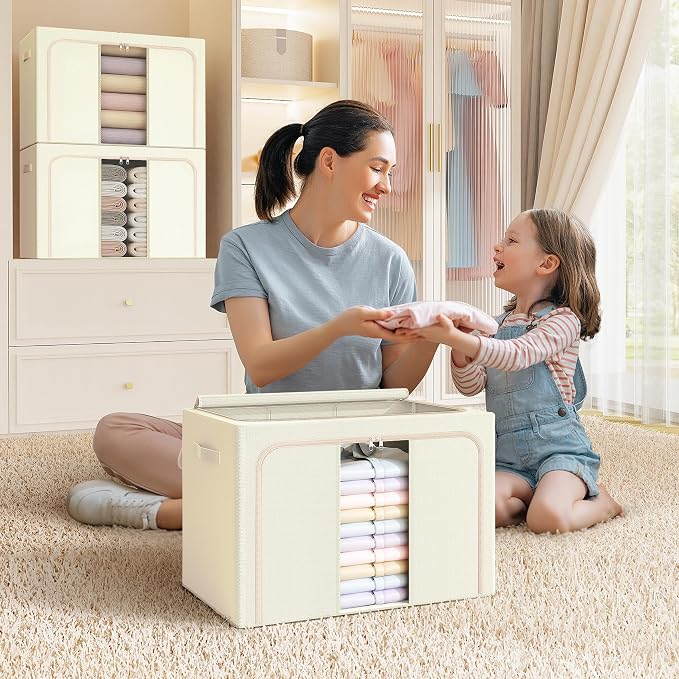 Clothes Storage Bins with Metal Frame, Foldable Clothes Organizers Storage Containers for Clothes, Sheets, Blankets, Pillows and Towels (100L, 3 Pack) Beige