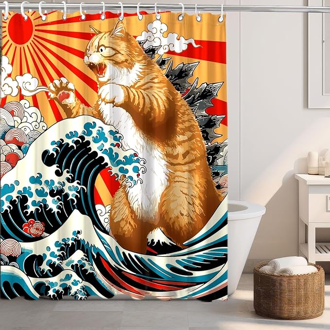 Funny Japanese Cat Small Stall Shower Curtain, Vintage Orange Cat Japan Anime Ocean Wave RV Half Size Narrow Shower Curtain with Hooks, Funky Animal Sun Kids Bathroom Decor 36X72inches
