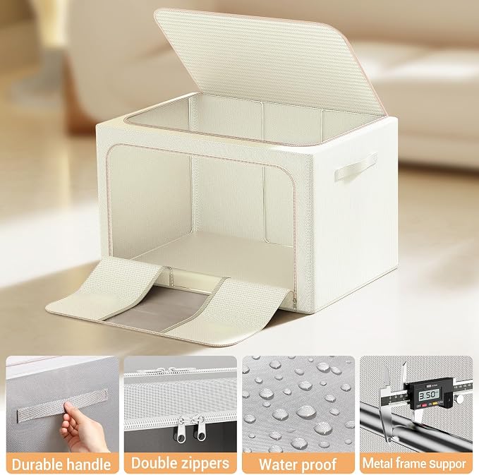 Clothes Storage Bins with Metal Frame, Foldable Clothes Organizers Storage Containers for Clothes, Sheets, Blankets, Pillows and Towels (100L, 3 Pack) Beige
