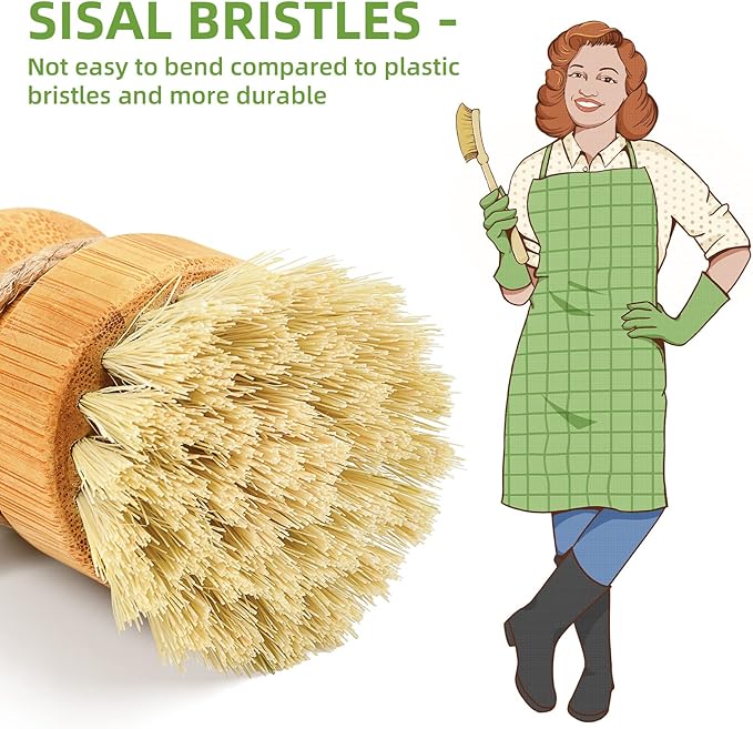 SUBEKYU Bamboo Dish Scrub Brushes, Kitchen Wooden Cleaning Scrubbers Set for Washing Cast Iron Pan/Pot, Natural Sisal Bristles, Set of 2