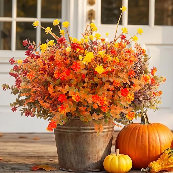 Hananona 12 Pcs Artificial Fall Flowers Outdoor, Faux Artificial Plants UV Resistant Plastic Autumn Flower for Hanging Planter Front Door Porch Window Home Decor (12, Orange)