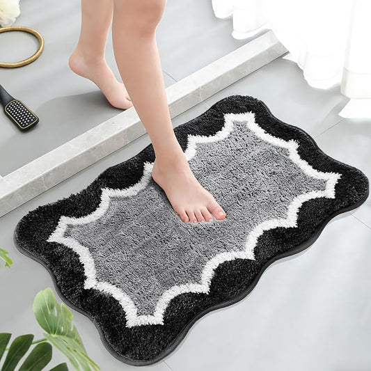 Scalloped Black Small Bathroom Rugs Mat,Non Slip Absorbent Quick Dry Bath Mats for Shower Room,Plush Microfiber Bath Rug for Bathroom Floor Washable Carpet for Shower Tub Sink Bedroom,16"x24"