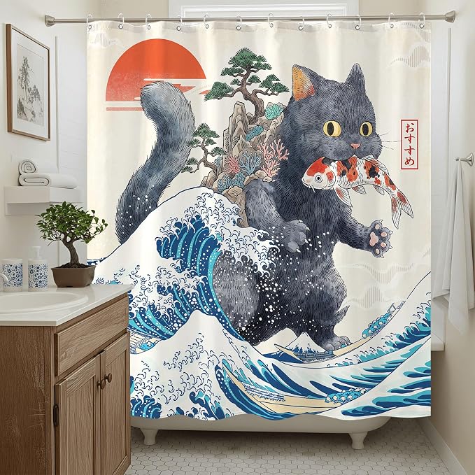 Accnicc Funny Black Cat Shower Curtain for Bathroom 72 X 72 Inch | Fun Cool Cat Shower Curtains, Japanese Ocean Wave Kids Bath Curtain Decor, Water-Resistant Washable Polyester Fabric