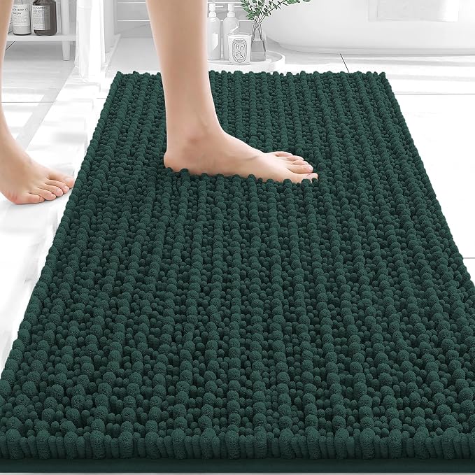 OLANLY Bathroom Rugs 30x20, Thick Soft Absorbent Chenille Bath Rugs | Blackish Green, Shaggy Bath Mat with Quick-Drying Rubber Backing, Washable for Floor, Tub and Shower, Home Decor Accessories