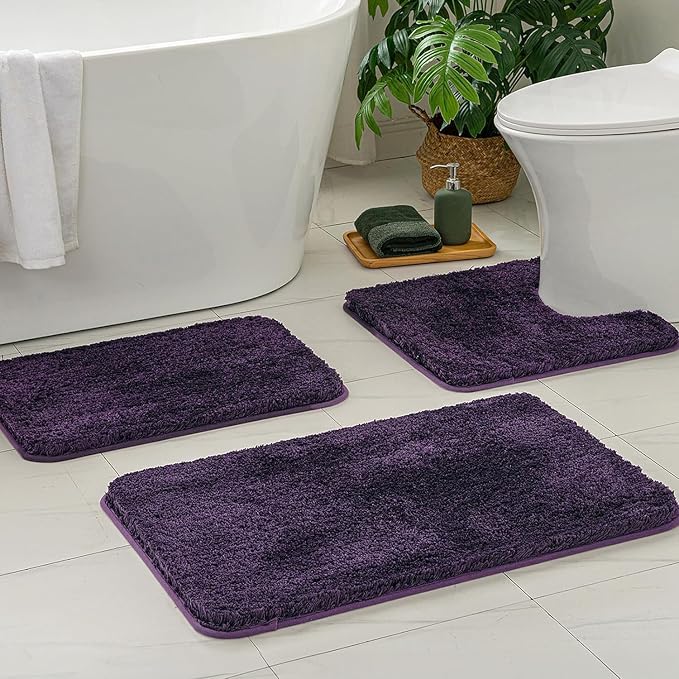 MIULEE Dark Purple Microfiber Toilet Bath Rug U-Shaped Contour 24x24 Inch | Absorbent, Non Slip, Quick Dry, Fluffy Bath Rugs for Bathroom Floor Tub Showers, Machine Washable
