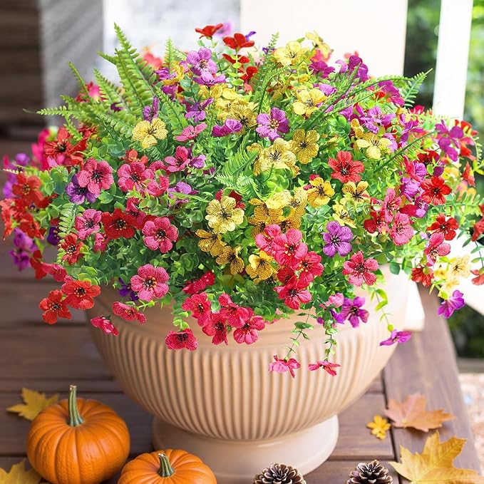 Artificial Faux Outdoor Flowers Plants for Summer Outside Decoration, 14 Bundles Fake Silk Colorful Daisy Ferns UV Resistant Realistic for Front Door Porch Planter Patio Yard
