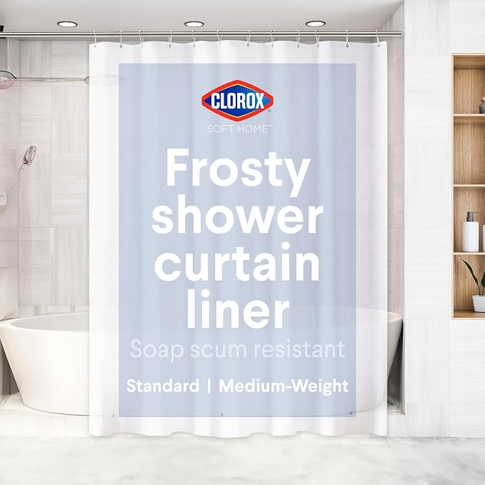 Clorox Shower Curtain Liner, Premium Medium-Weight Durable Waterproof 6g PEVA for Bathroom with Weighted Magnets, Standard Size 72" x 72", Frosty 1 Pack