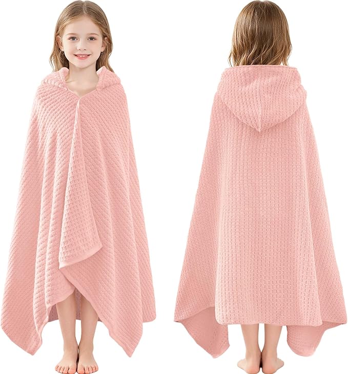 VOOVA & MOVAS Kids Hooded Towel, 6-10 Years, 100% Cotton,Pink Waffle | Gentle Waffle Texture, Heavy Cotton Fabric, Ideal for Kids Bath and Seaside Vacation
