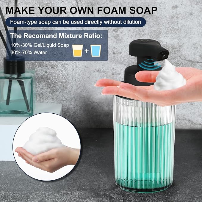Automatic Soap Dispenser Foaming Touchless: 9oz Black Plastic - Rechargeable Electric Smart Auto Foam Soap Dispenser - Hand Dish Bathroom Kitchen