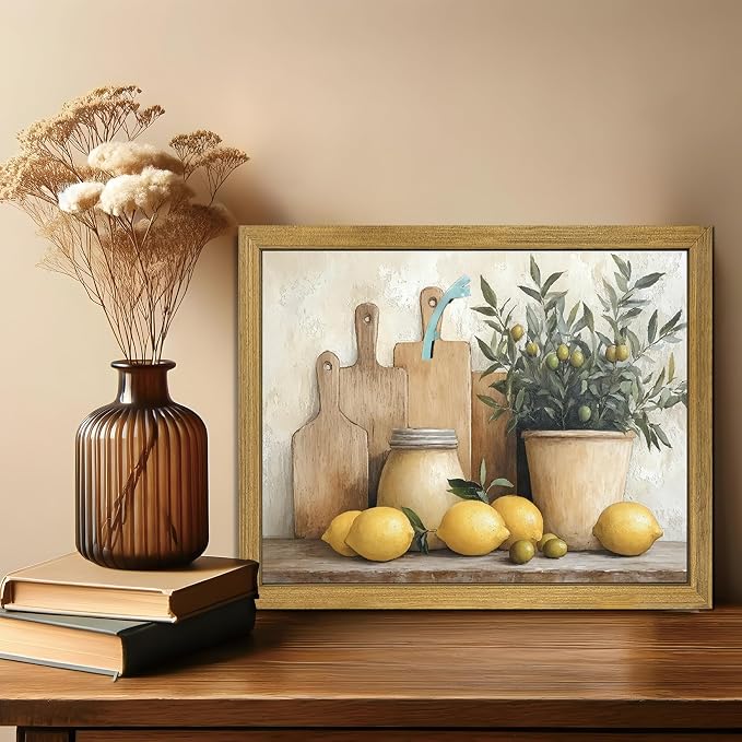 Wood Framed Vintage Kitchen Wall Art, Yellow Lemon Still Life Wall Decor Oil Paintings, Rustic Farmhouse Artwork Canvas Posters Prints Pictures for Living Room Bedroom Home Decor 12x16 Inch