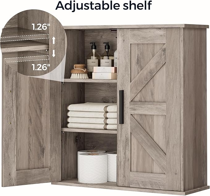 Homleke Bathroom Wall Cabinet, Medicine Cabinet with Adjustable Shelves | 3-Tier Wall Mounted Over Toilet Storage with Barn Doors, for Bathroom, Kitchen, Entryway, Laundry Room, Greige, (7.9" D)