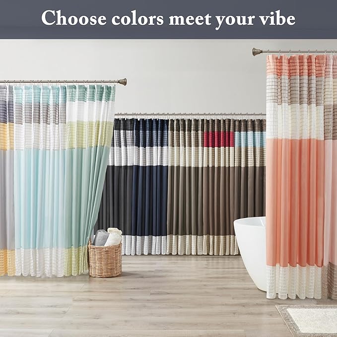 Madison Park Bathroom Shower Curtain, 72 x 84 Extra Long, Faux Silk, Navy | Modern Classic, Light Sheen, Pieced, Striped, Microfiber, Machine Washable, OEKO-TEX Certified, Amherst