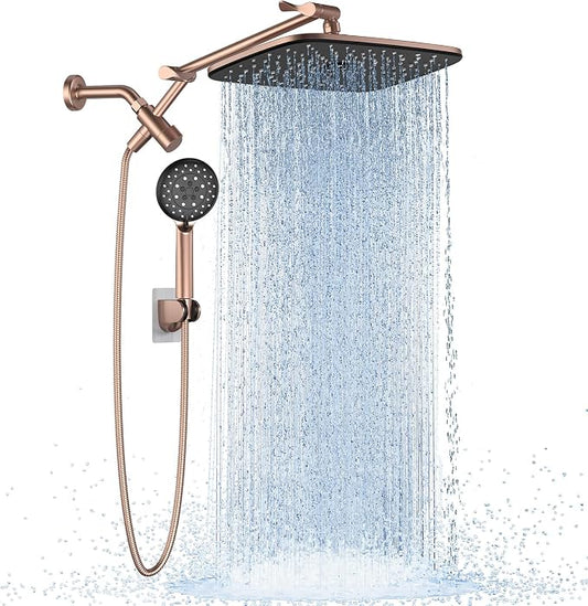 Veken Rose Gold 11.8" High Pressure Shower Head with Handheld, Easy Install | Handheld Shower Head with Multi Spray Modes,Rainfall Combo with 15" Metal Extension Arm,Detachable Dual Shower,Regaderas Para